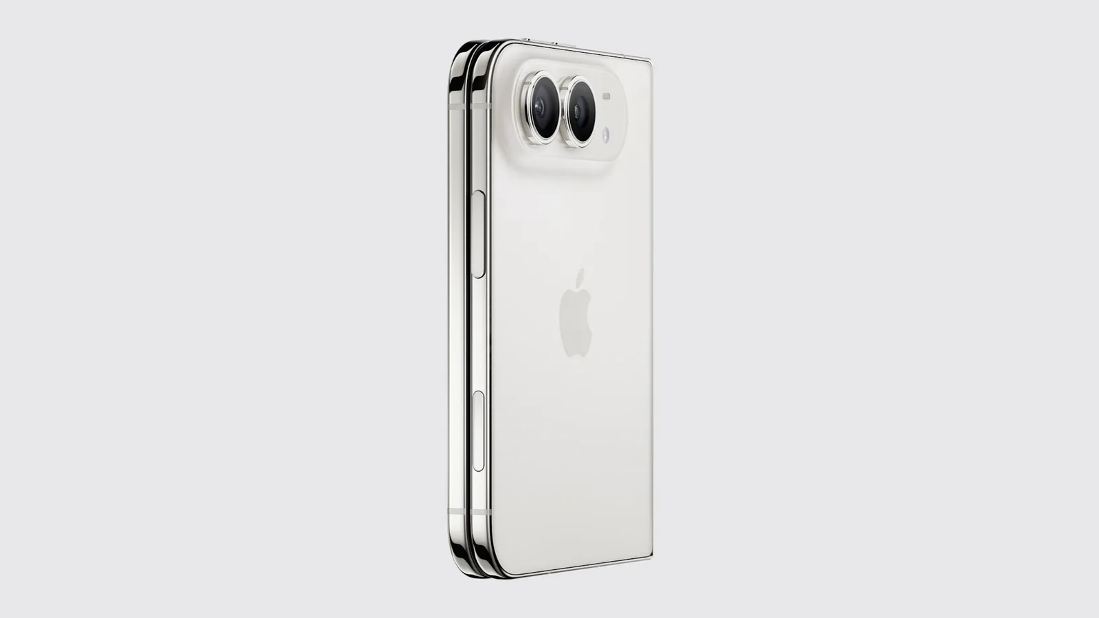 合上的星白色 iPhone Duo,从背面和侧面看去,可见两颗后置摄像头