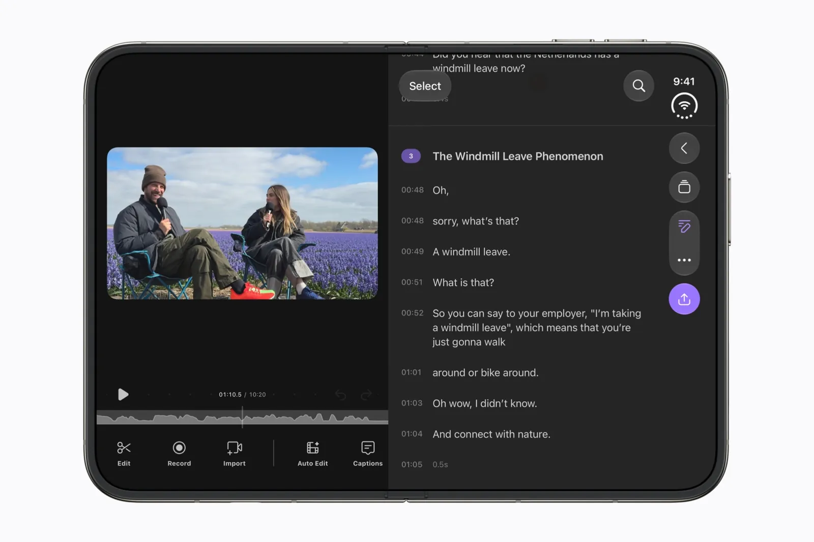 The Detail app on the open iPhone Duo: a video on the left, its transcript on the right, and the app’s buttons in a column down the right edge