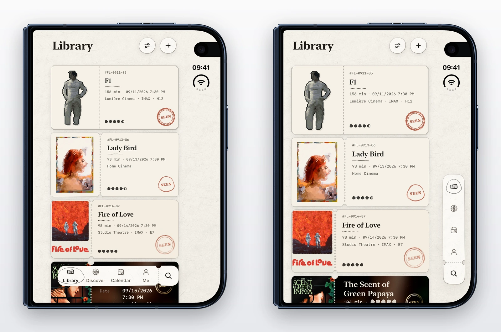 两台合上的 iPhone Duo 显示 Flicit 的票夹,最上面是《F1:狂飙飞车》《伯德小姐》《火山挚恋》三张票根:左边的标签栏浮在页面底部,旁边那一列在时钟下方空着;右边的标签印在一条竖起的纸条上,放在这一列里,位于时钟下方