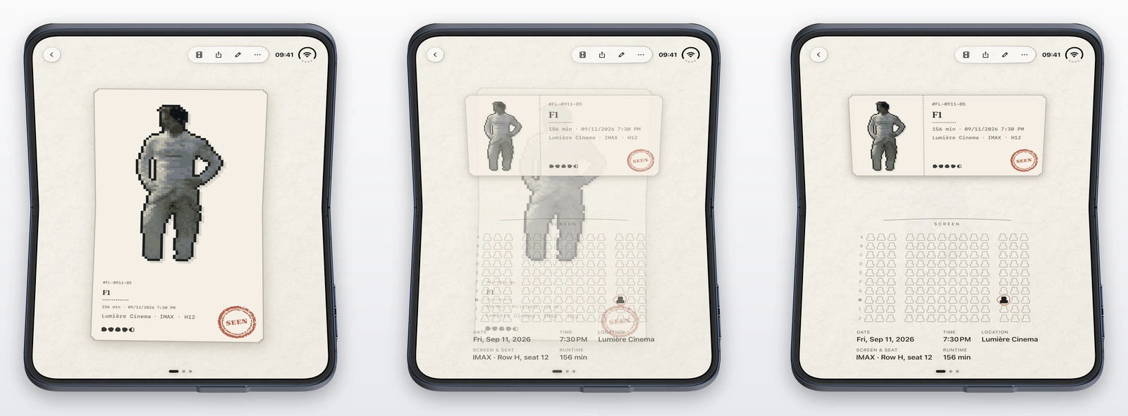 Three frames of the iPhone Duo upright and bent into the laptop pose: Flicit’s F1 ticket still standing whole as it does lying flat, then the whole ticket fading out as a landscape stub and a seat plan fade in, then the stub on the raised half above the seat plan with seat H12 inked in