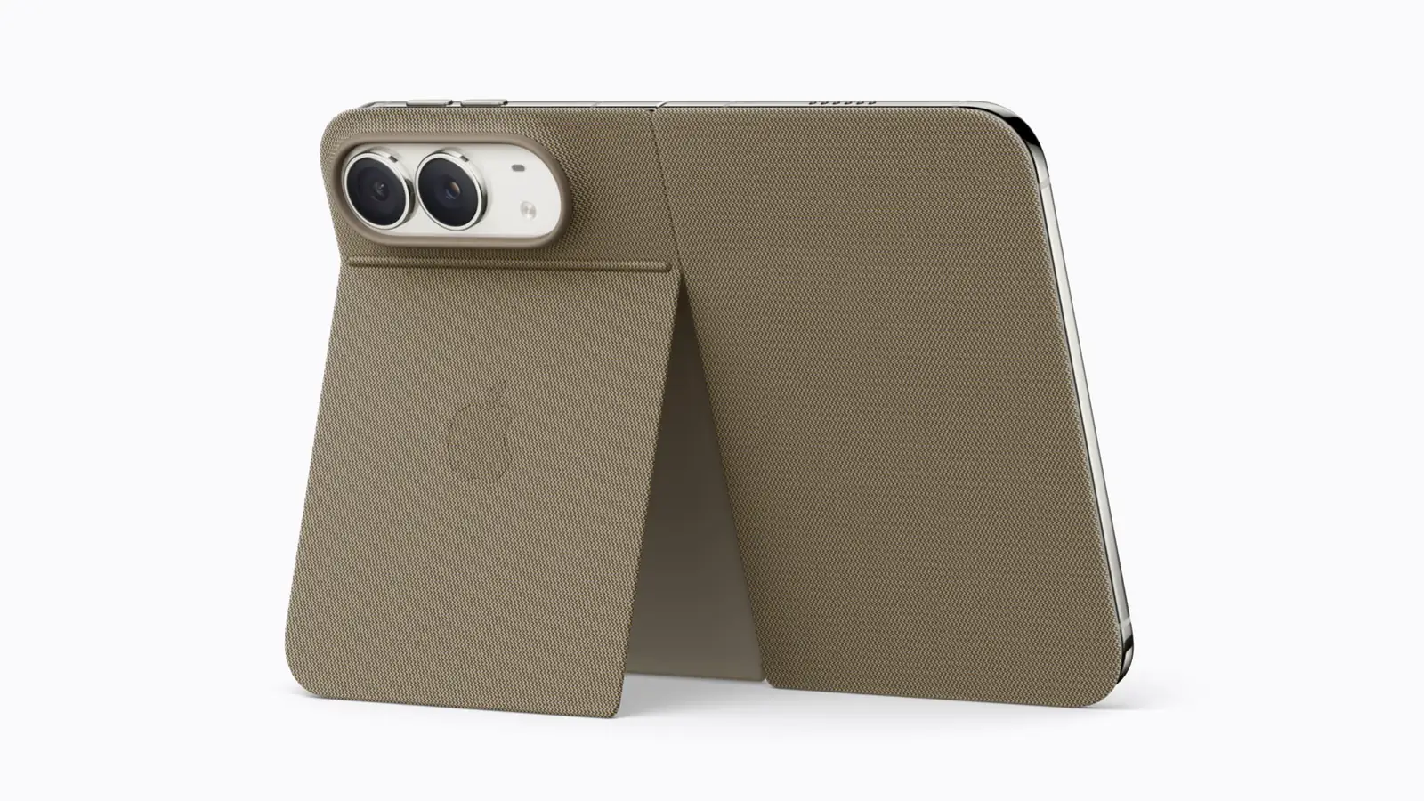 iPhone Duo in the taupe Folio, standing on its kickstand