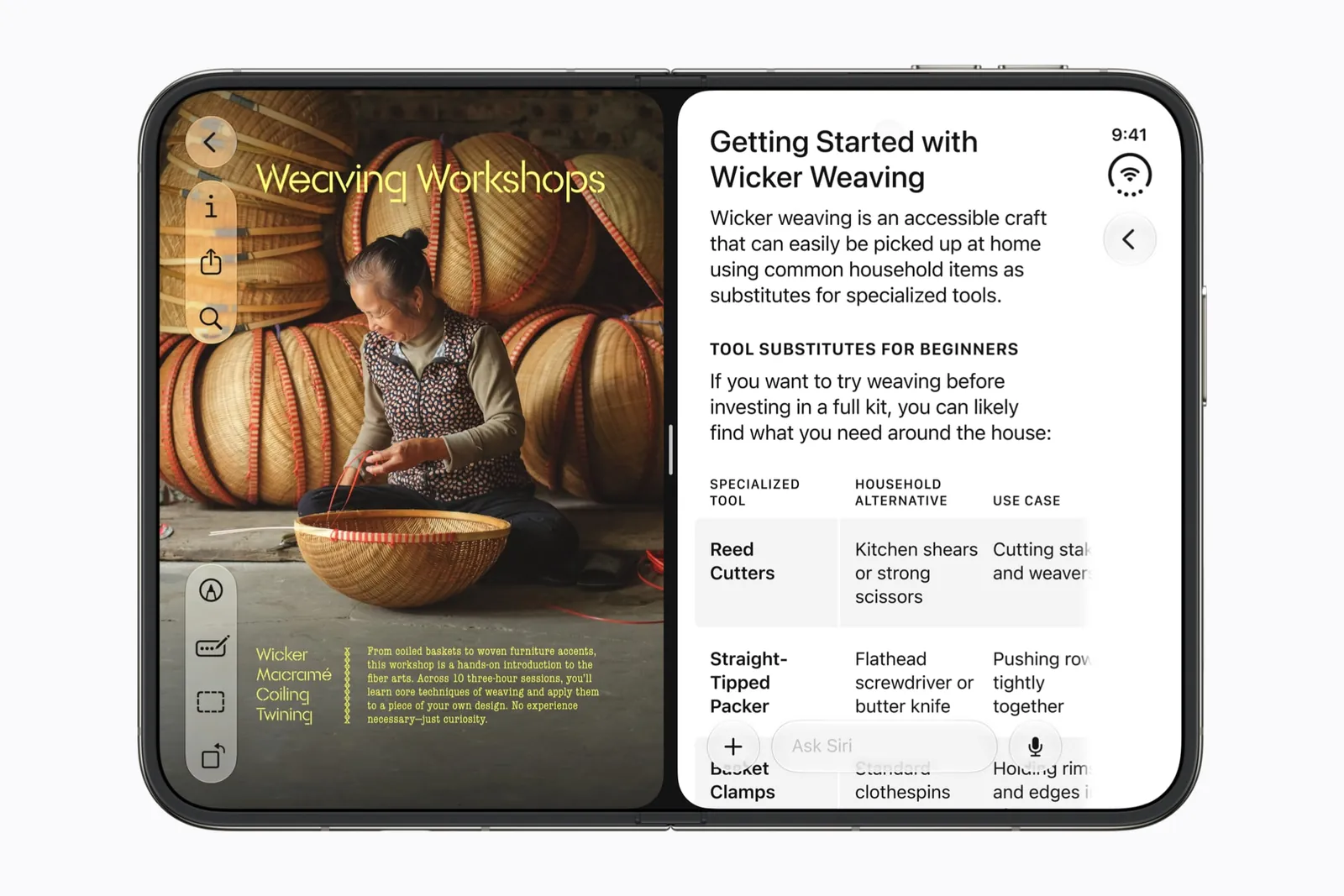 iPhone Duo open in Split View: a Safari page about weaving workshops on the left, a conversation in the Siri app on the right