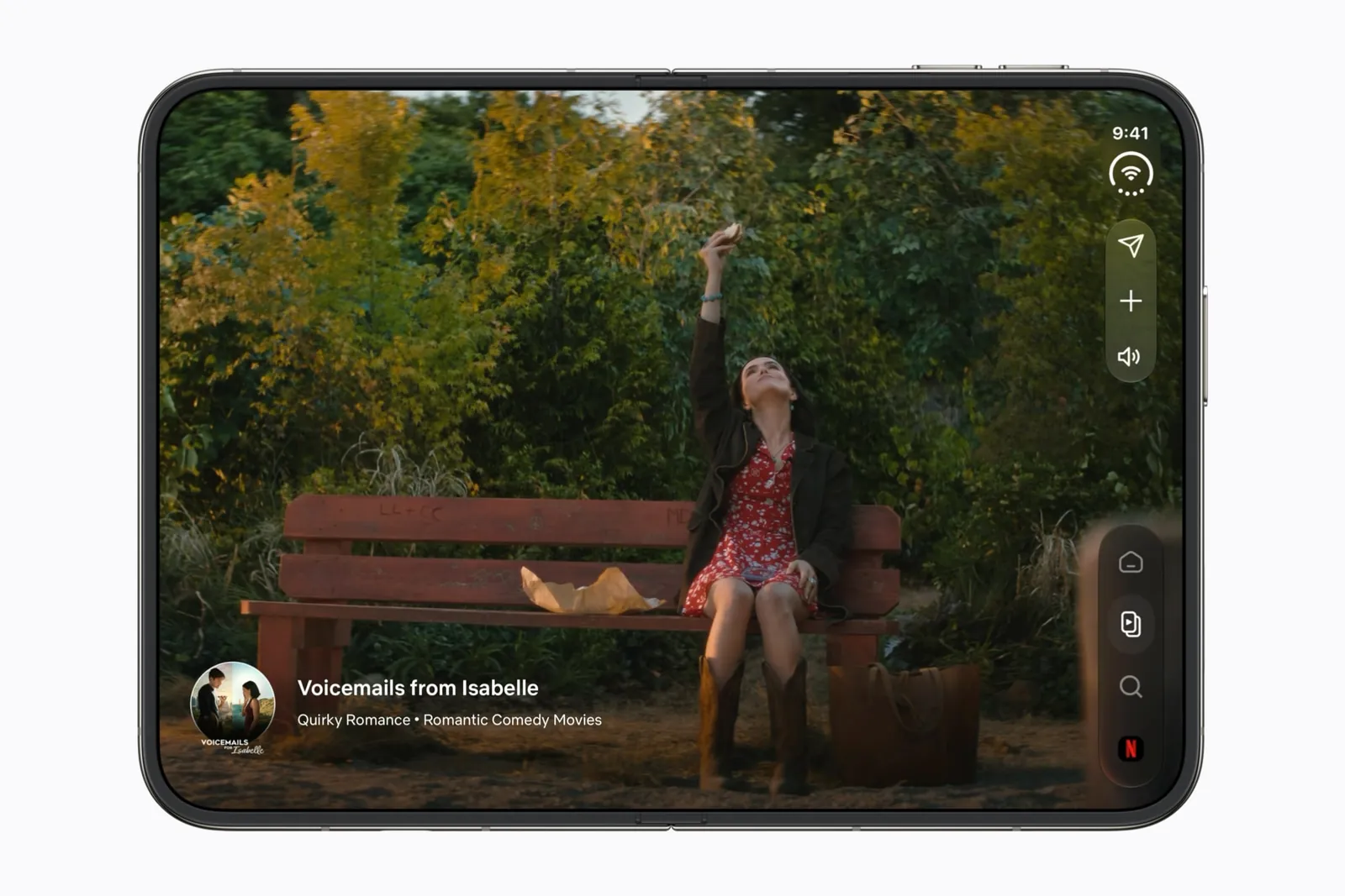 Netflix on the open iPhone Duo: a show across the inner display, its controls in a column down the right edge