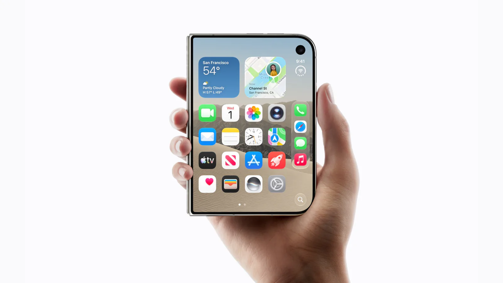 iPhone Duo held partly open in two hands, the Home Screen across the inner display