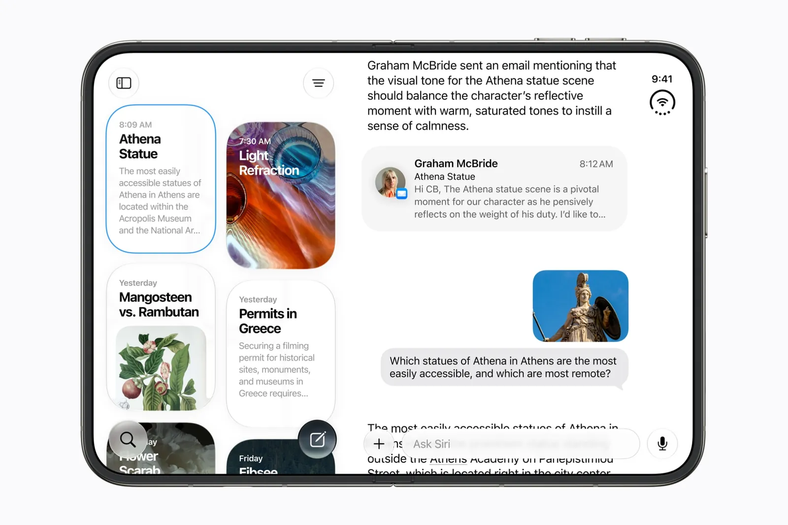 The Siri app on the open iPhone Duo: conversation cards on the left, an open conversation on the right