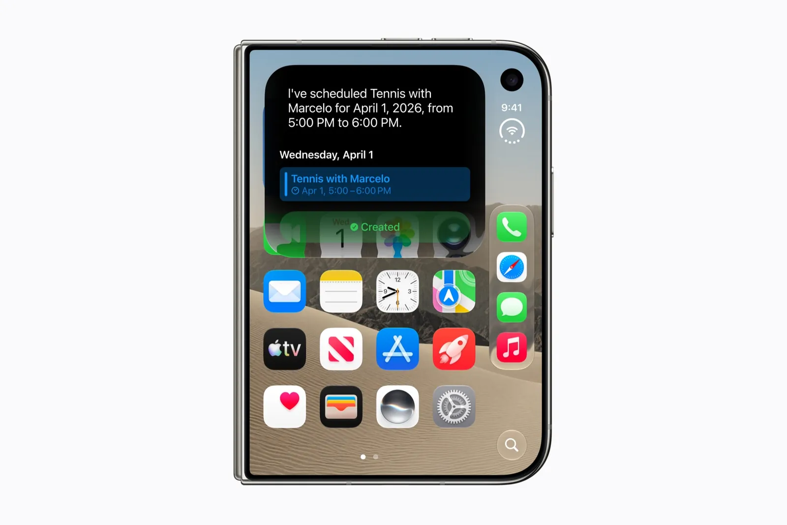The closed iPhone Duo: a Siri answer above the Home Screen on the outer display, with the Dock in a column down the right edge