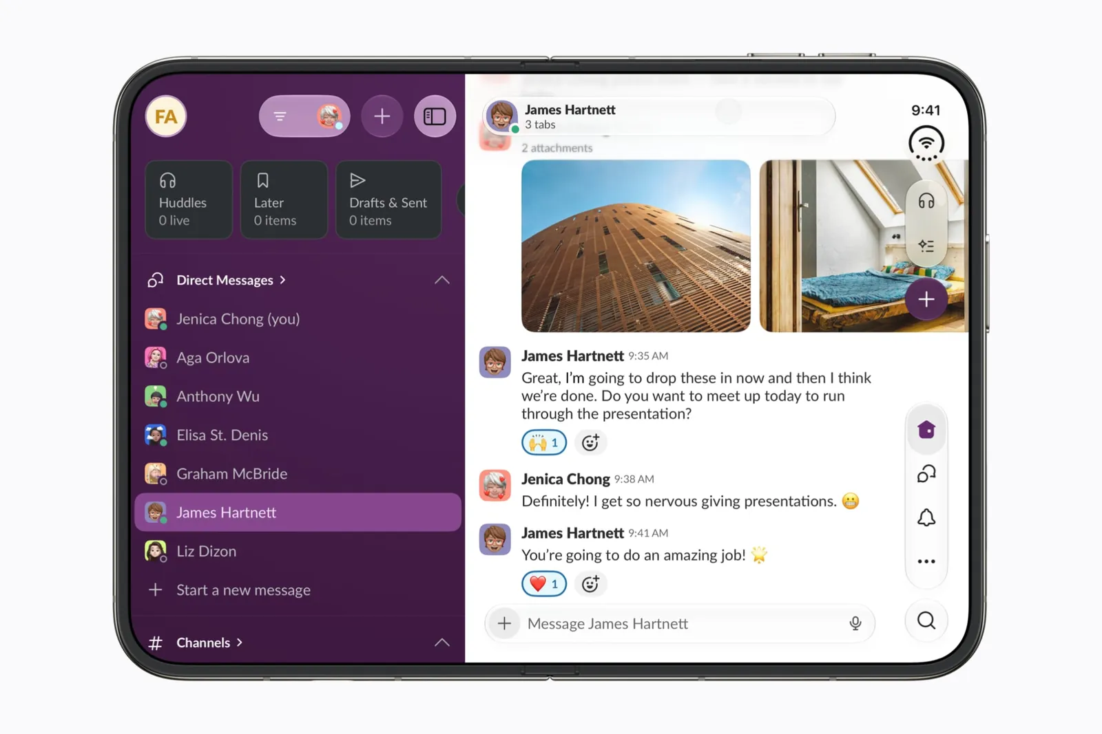 Slack on the open iPhone Duo: the sidebar of direct messages on the left, a conversation on the right