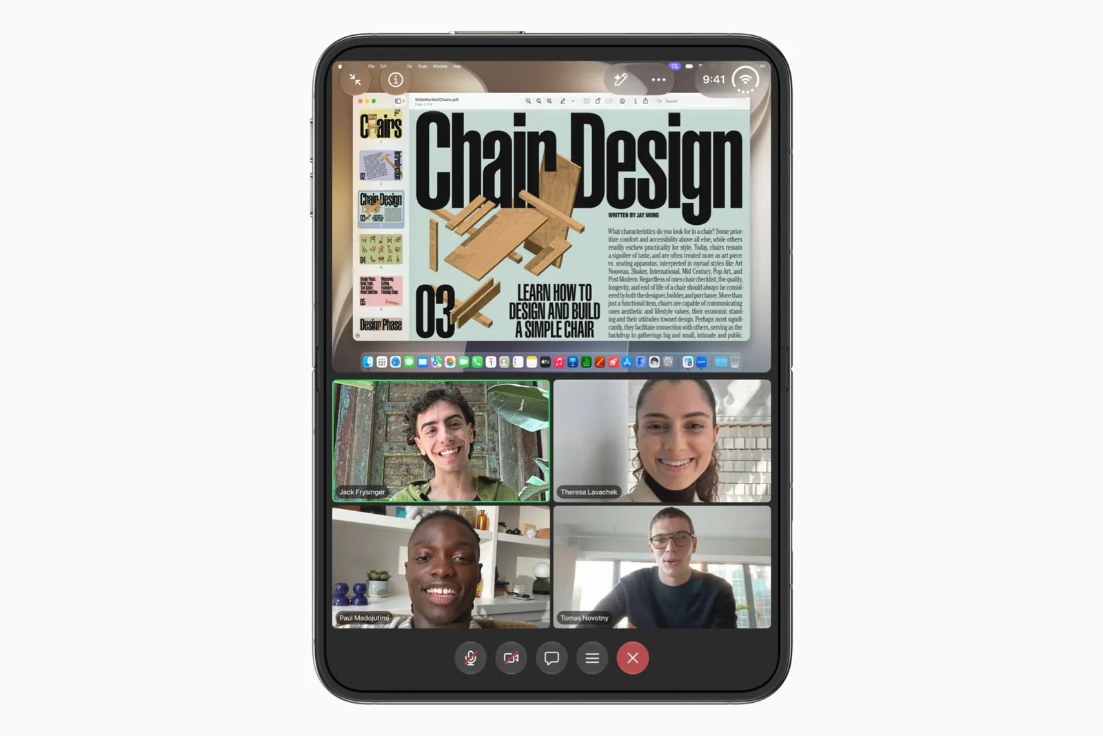 Zoom on the open iPhone Duo held upright: a shared document above the fold, four people on the call below it