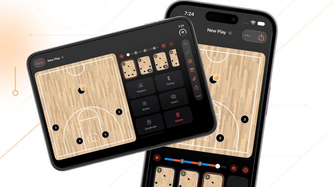 Two devices display a basketball court layout with player positions and tools for strategy planning. Visual elements indicate play options.