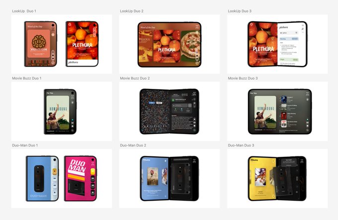 Grid of foldable smartphone mockups showcasing various apps: LookUp with vocabulary features, Movie Buzz with streaming options, and Duo-Man with music and photo albums. Each phone displays different interfaces and colors.